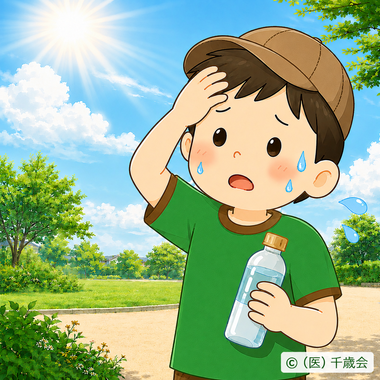 暑さで汗をかき、水分補給をしようとしている子どものイラスト